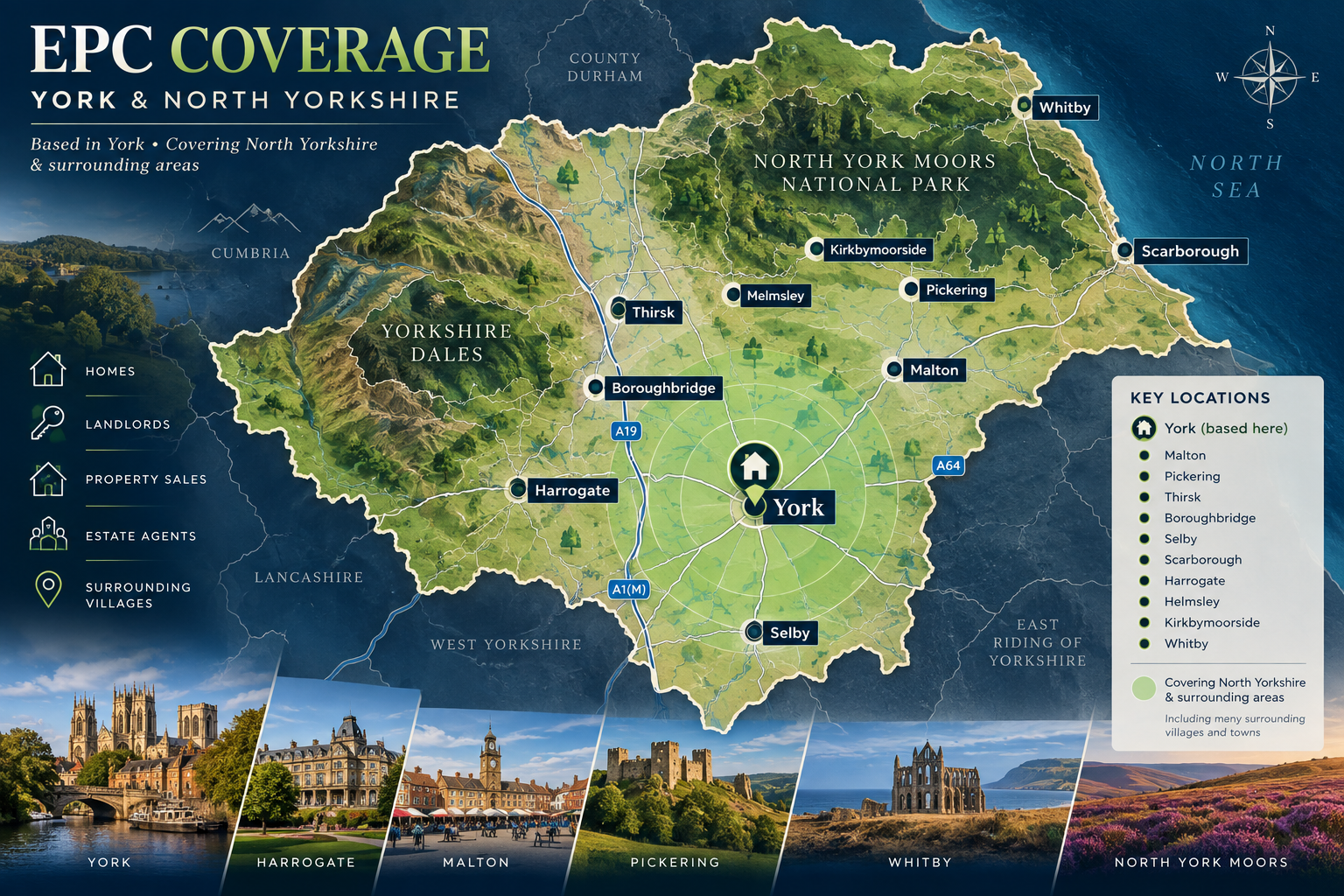EPC coverage map showing York and North Yorkshire service areas including York, Malton, Pickering, Thirsk, Boroughbridge, Selby, Scarborough, Harrogate, Helmsley, Kirkbymoorside and Whitby
